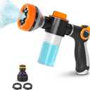 Garden Hose Nozzle with Soap Dispenser, 8 Patterns (Black, Orange) | Car Wash and Foam Sprayer Attachment, Adjustable Dial, ABS Body, Fits 3/4 In Thread, for Cars, Decks, Yards, and Dog Rinsing