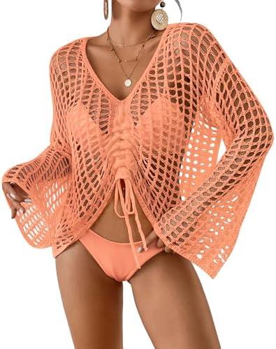 Bsubseach Women Crochet Swim Cover Up Long Sleeve Beach Cover Up , M