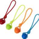 Dog Training Ball on A Rope Rubber Dog Rope Toys Ball with Handle for Tug of War K9 Training Rewards for Belgian Malinois Gifts, 5cm in Diameter for Small Dogs 0-30 Lbs, Pack of 4 (Four colors)