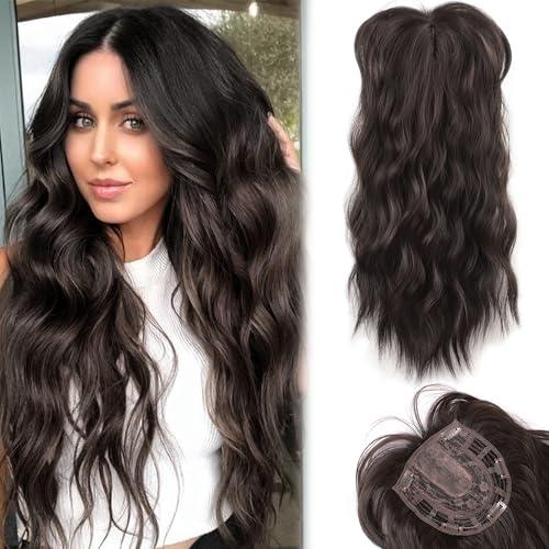 20in Wavy Curl Clip-In Hair Toppers for Women with Thinning Hair - Black Brown Synthetic Wiglets with Fringe Bang, Adds Volume