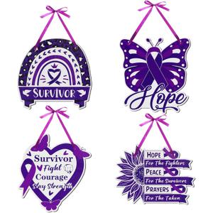 4 Pcs Domestic Violence Awareness Wood Sign Purple Ribbon Hanging Wall Plaque Sign Domestic Violence Awareness Month Wood Decorations for Home Charity Event Supplies
