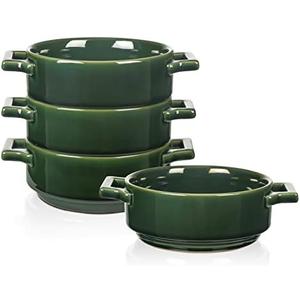 Vicrays Ceramic Soup Bowls with Handles, 24 Oz Porcelain Soup Crocks for French Onion Soup, Cereal, Beef Stew, Chill, Pasta, Pot Pies, Microwave and Oven Safe, Set of 4 (Green)