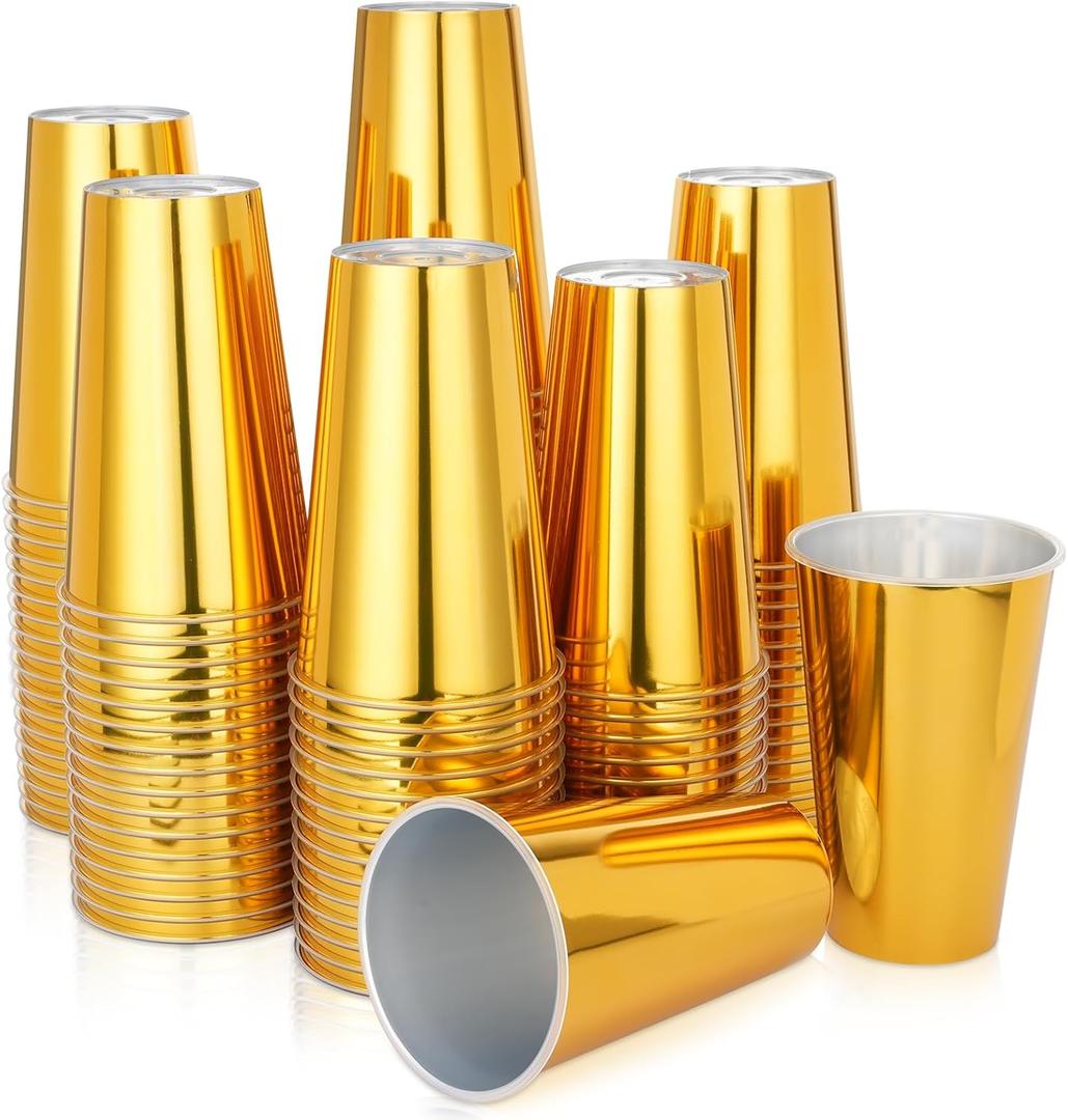 Zhehao 100 Pcs 16 oz Gold Christmas Cups Gold Glitter Plastic Cups Heavy Duty Tumblers Drinking for Party Birthday Camping Drinking Tastings Served Snacks