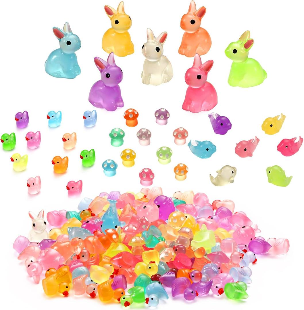 148 Pcs Luminous Mini Resin Animals Tiny Rabbits Ducks Dolphins Mushrooms Glow in The Dark Bulk Variety Pack for Garden Aquarium Dollhouse Fairy Garden Decor