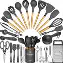 Umite Chef Silicone Kitchen Utensil Set, 34PCS Heat Resistant Kitchen Gadgets and Tools With Grater, Wood Handles for Nonstick Cookware (Dark Gray)
