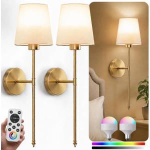 IRONPAX Wall Sconces Battery Operated Set of 2, Wireless Rechargeable Wall Sconce Set of Two, Dimmable Wall Lights with Remote for Bedroom Living Room Hallway Decor (Gold, Fabric Shade)