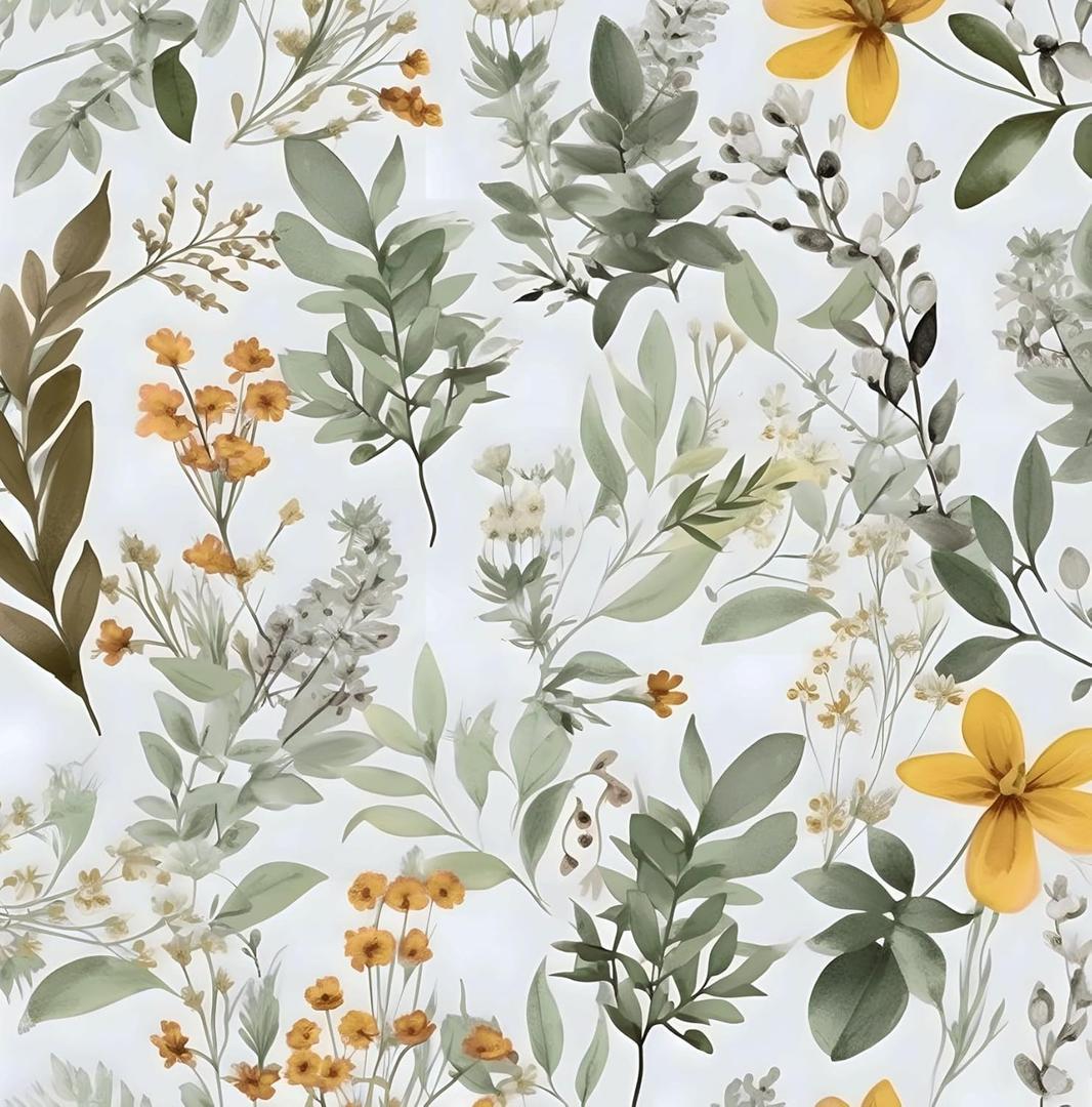 Laatse Green Leaf Wallpaper Peel and Stick, Vintage Yellow Floral Contact Paper 17.5" x 118", Self-Adhesive Removable Waterproof Thick Vinyl Wall Paper for Bedroom Walls, Shelf, Cabinet Table Decor