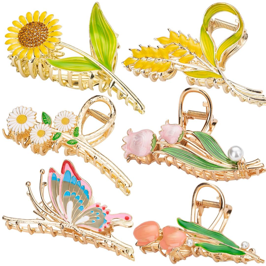 6 Pcs Flower Metal Claw Hair Accessories for Women & Girls - Large Tulip Nonslip Styles, Strong Hold Matte Claws for Long, Thick & Thin Hair