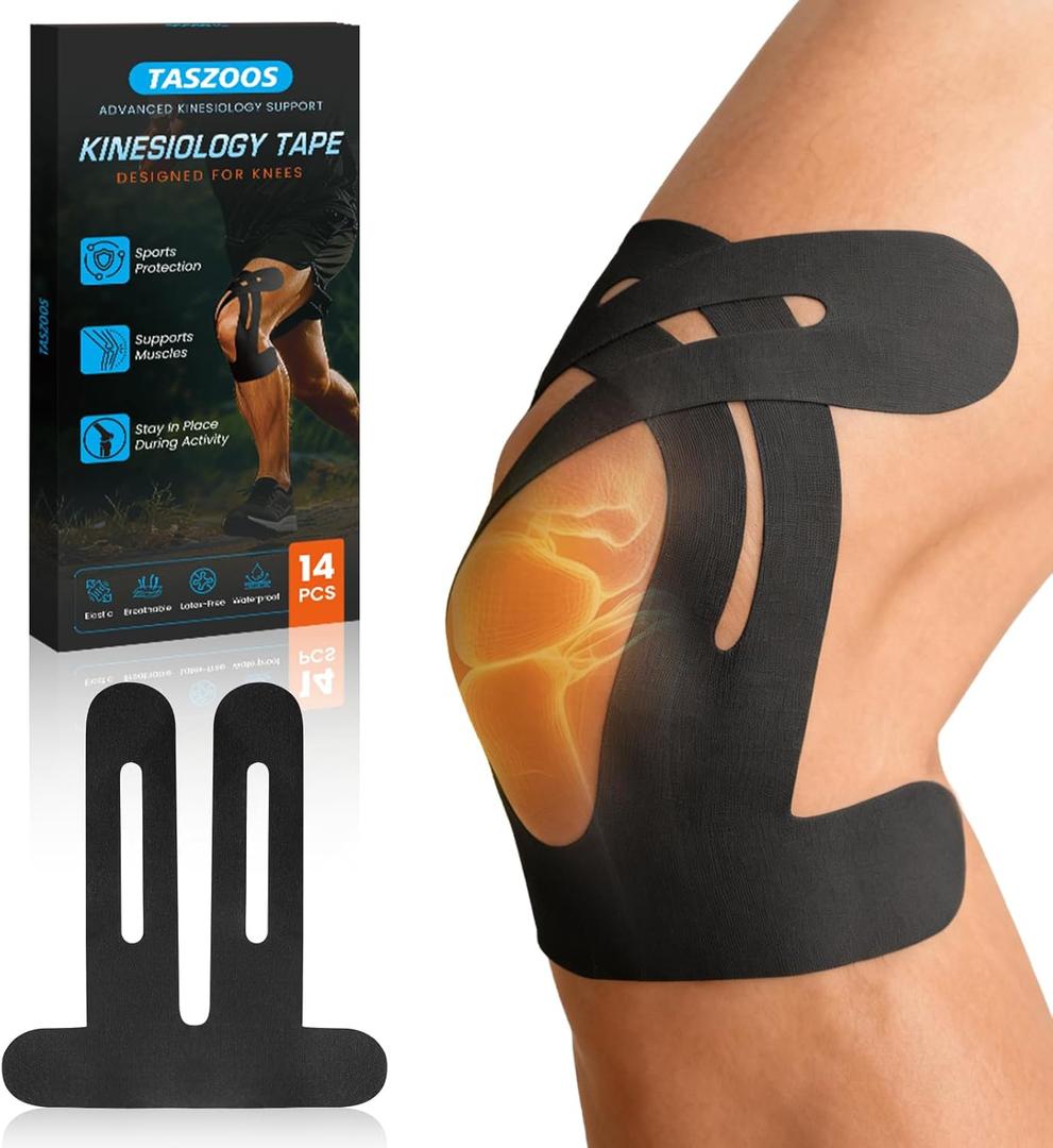 Pre-Shaped Kinesiology Tape for Knees - 14Pcs Waterproof Knee Tape for Knee Pain Relief, Knee Support - Elastic & Breathable Athletic Tape for Running, Hiking, Squats, Sports (Black)