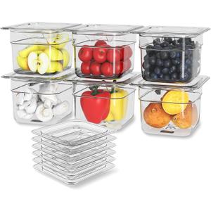 6 Pack Plastic Food Pan with Lid 1/6 Size 4 Inch Deep Restaurant Clear Food Storage Containers with lids Polycarbonate Commercial Hotel Pans for Fruits Vegetables Beans Corns (6 PCS, 4'' Deep)