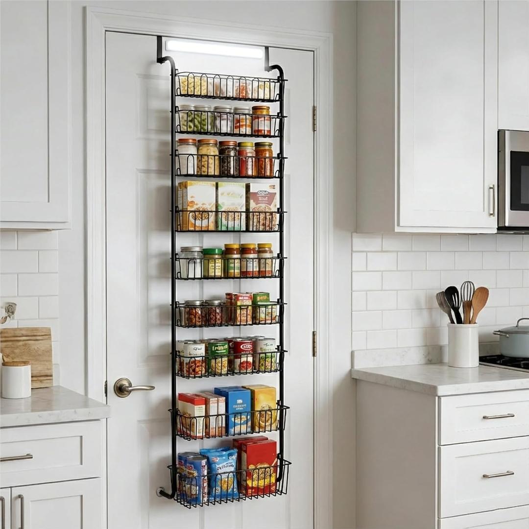 Over Door Organizer Storage - 9 Tier Black Metal Over the Door Pantry Organizer Heavy Duty Hanging Storage Rack, Behind Cabinet Shelves for Home, Kitchen, Bathroom, Closet, Pantry