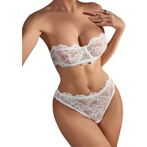 WDIRARA Women's 2 Piece Exotic Lingerie Set Floral Lace Mesh Sheer Strapless Bra and Panty Set (Medium, White)