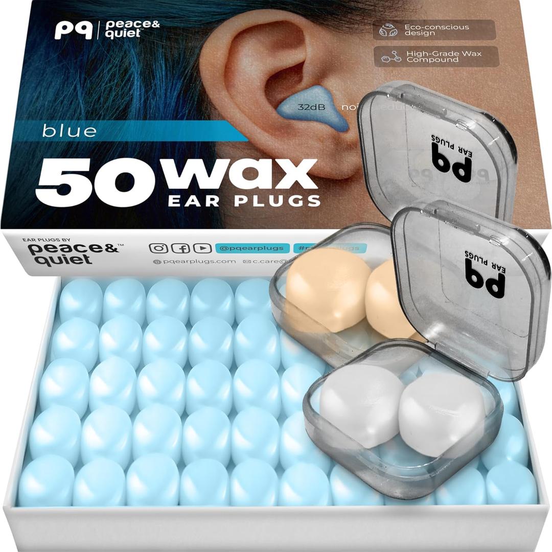 Peace&Quiet PQ Wax Ear Plugs for Sleeping, Swimming - 54 Noise Cancelling Silicone Gel Wax Earplugs, Ear Protection for Sleep and Swim, Soft Pillows with Sound Blocking Level 32Db, (54 Pillows) (Blue)