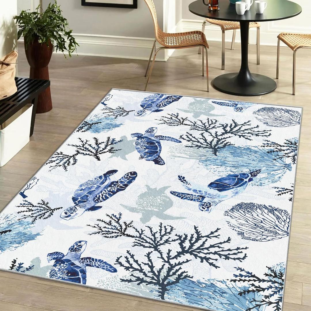 Coastal Nautical Rug for Bedroom & Living Room, Soft Low Velvet Carpet, Washable Beach Area Rug, Modern Blue Sea Turtle, 3x5