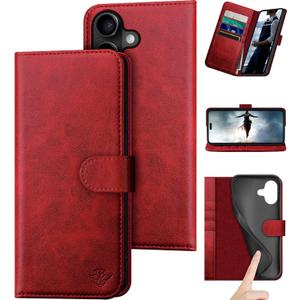 DuckSky Compatible with iPhone 17 6.3" Genuine Leather Wallet caseRFID Blocking4 Credit Card HolderReal Leather Flip Phone case Cover Women Men for Apple 17 case Red