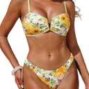 ZAFUL Women's 2 Piece Bikini Set Floral Print V Wired Strapless Lace Up Tie Back High Cut Bandeau Bathing Suits Swimwear, S