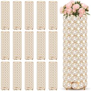 Dandat 16 Pcs Crystal Flower Vase and Pillar Candle Holder Set 10.24 Inch Wedding Cylinder Flower Vases Stand Table Centerpieces Candle Holders for Table Room Home Wedding Party Events Decor(Gold)