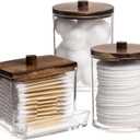 Tbestmax Qtips Holder Bathroom Container, 10 OZ Cotton Ball/Swabs Dispenser, Apothecary Jar Organizer for Storage Brown Wood Lids