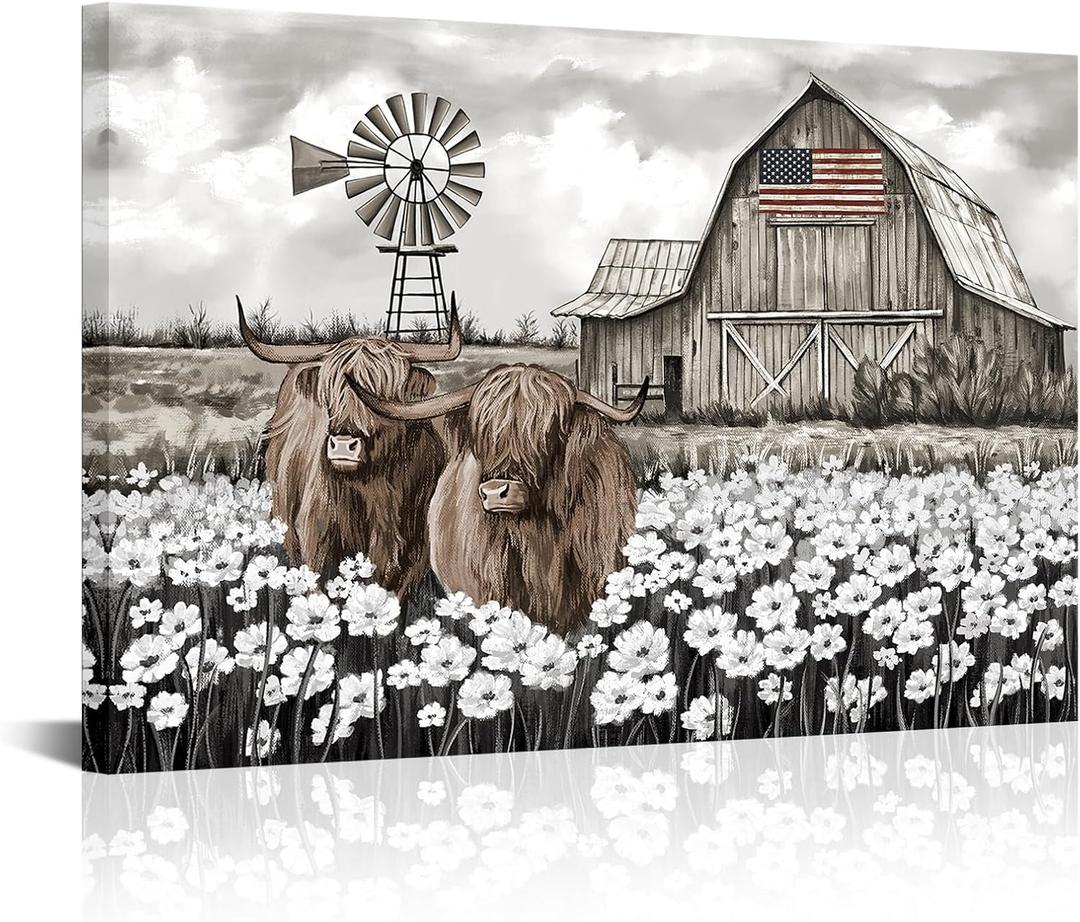 OuElegent Barns Wall Art Farmhouse Canvas Highland Cow Pictures Wall Decor To Hang For Living Room Wall Decoration (24''x36'')