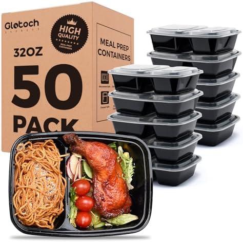 Glotoch 50 Pack 32 oz Meal Prep Containers Reusable, 2 Compartment Food Containers with Lids To Go Containers, Lunch-Microwave,Freezer,Dishwasher Safe