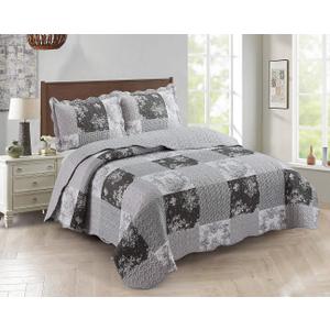 Brilliant Sunshine Grey Toile Floral Patchwork, 3-Piece Quilt Set with 2 Shams, Reversible Bedspread, Soft Lightweight Coverlet, All-Season, Full/Queen, Grey