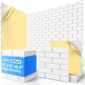 20 Pack Acoustic Panels with Self Adhesive, 12" X 12" X 0.4" High Density Sound Proof Foam Panels for Walls, Soundproof Wall Panels, Brick Sound Absorbing Panels for Home Studio Office Decor - White