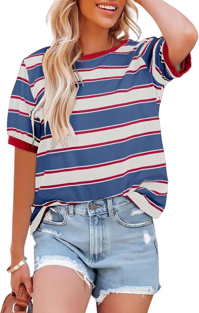 Dokotoo Womens Summer Tops 2026 Striped Color Block Short Sleeve Fashion T-Shirts Crewneck Casual Loose Basic Tee Blouses (Blue, L)