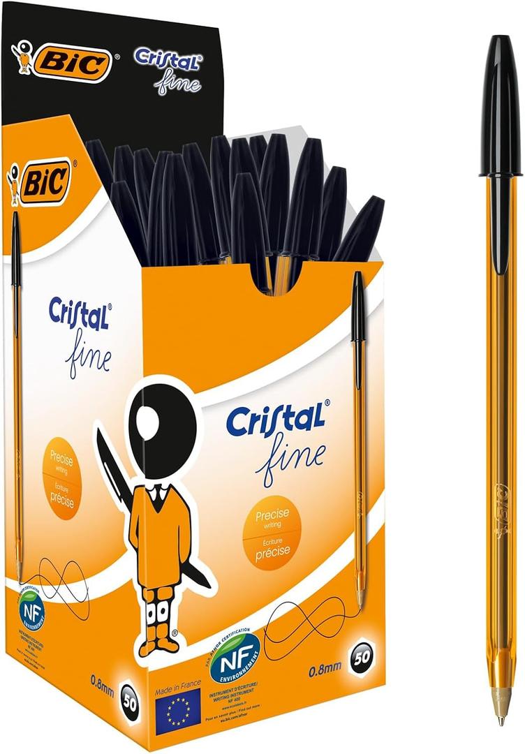 BIC Cristal Original, Ballpoint Pens, Every-Day Biro Pens with Fine Point (0.8 mm), Ideal for School and Office, Black, Pack of 50