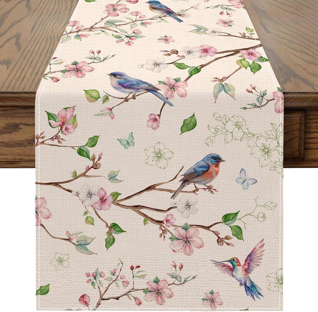 Spring Table Runner 13x72 inch, Floral Bird Spring Decor for Table, Party, Home - Farmhouse Floral Decroations