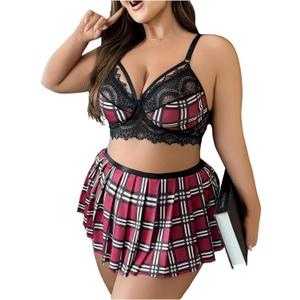 WDIRARA Women's Plus Size Tartan School Girl Costume Sexy Lingerie Set Bralette and Skirt (XX-Large Plus, Red Plaid)