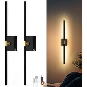 iThird Battery Operated Wall Sconces Set of 2: 10000mAh Rechargeable Wall Lights with Remote Control, 360 Rotate Wireless Wall Scone Decor for TV/Mirror Bedroom Living Room, 31.5 Inch, Black