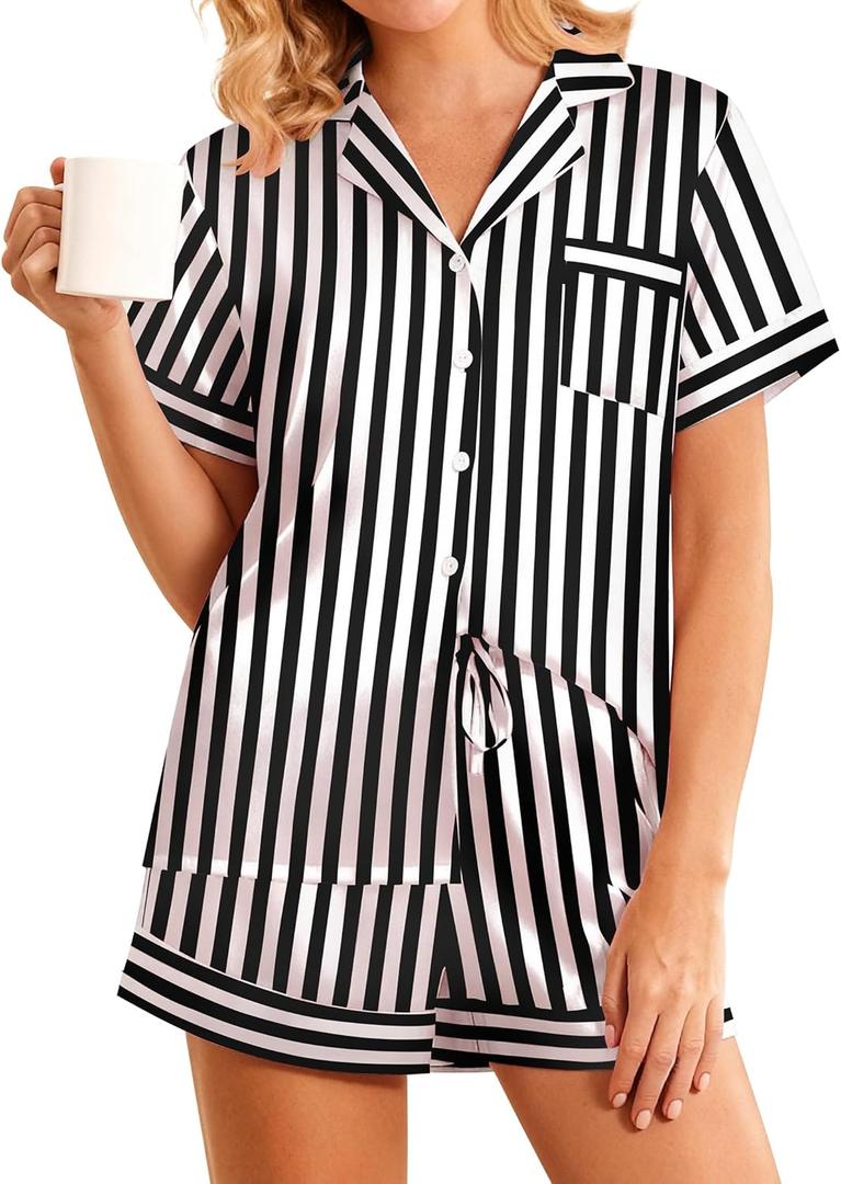 Girece Womens Pajamas Satin Pajama Set for Women Cute Black Striped Silk Pajama Set Lightweight Soft Sleepwear Button Up Pj Cozy Pjs with Shorts Gift for Her (Black Striped, XL)