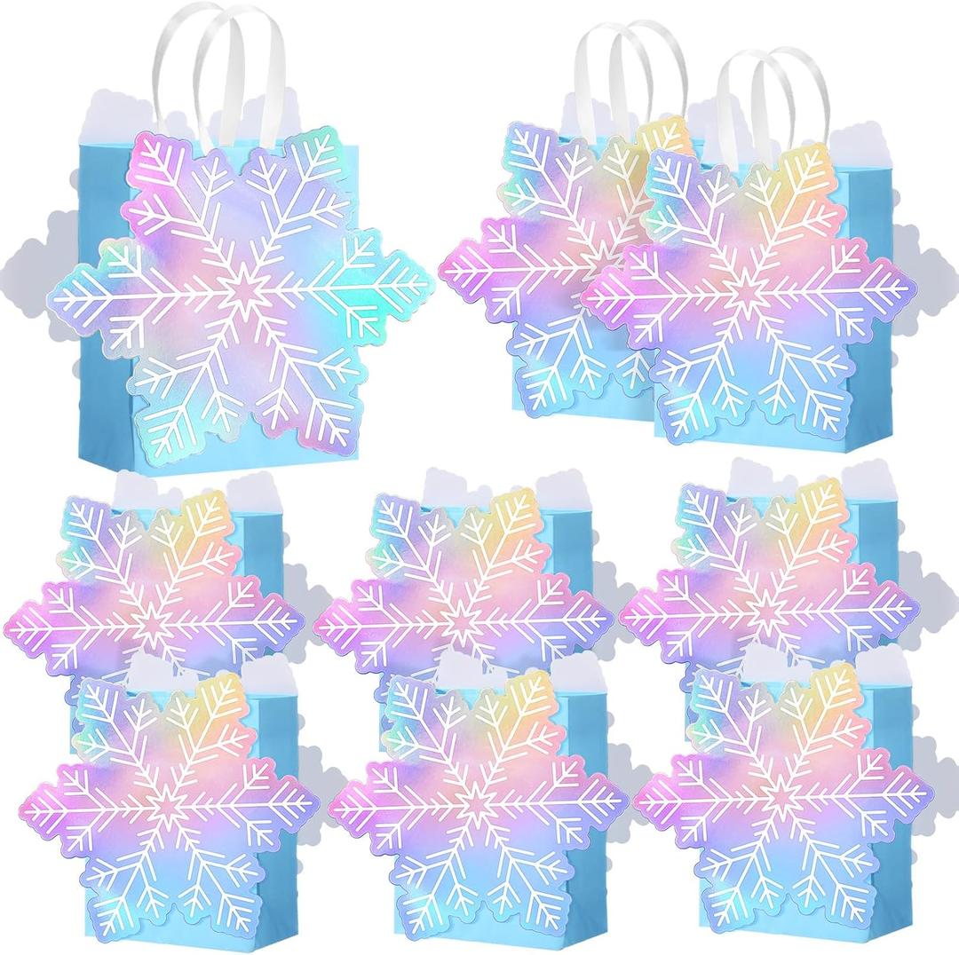 Kolldenn 12 Pack Princess Snowflake Gift Bag Holographic Snowflake Party Favors Gift Bags with Handle Paper Candy Treat Goodie Bags for Holiday Birthday Party Supplies