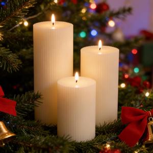 3 Packs Thick Ribbed Pillar Candles, 4/6/8 Inch Soy White Pillar Candles Set, White Votive and Emergency, Smokeless&Dripless Large Round Decor for Wedding/Home/Office
