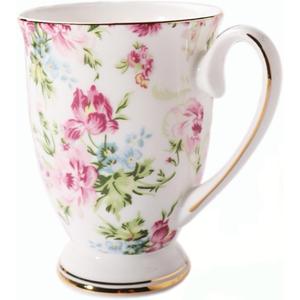 Floral Coffee Mug Bone China Tea Mugs for Women, 10 oz Porcelain Coffee Mugs Ceramic Tea Cup Teacups with Handle Gift for Mom Friends Home Office (Pink/1pc)