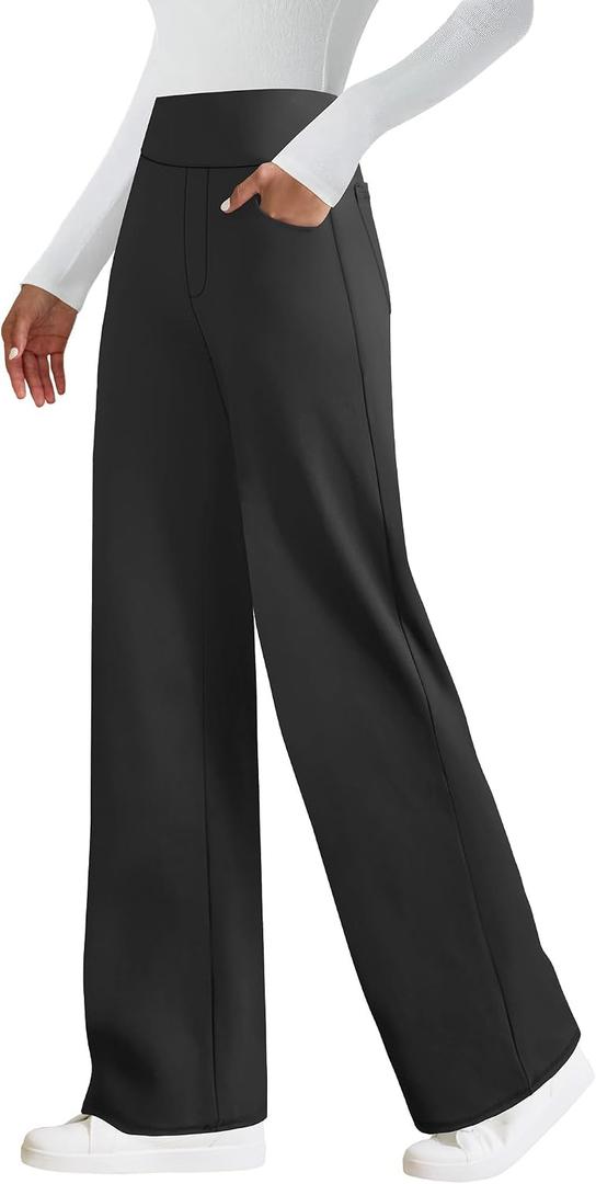 Keriffe Womens Wide Leg Yoga Pants with 4 Pockets High Waist Stretchy Loose Dress Work Casual Sweatpants, Size: Large
