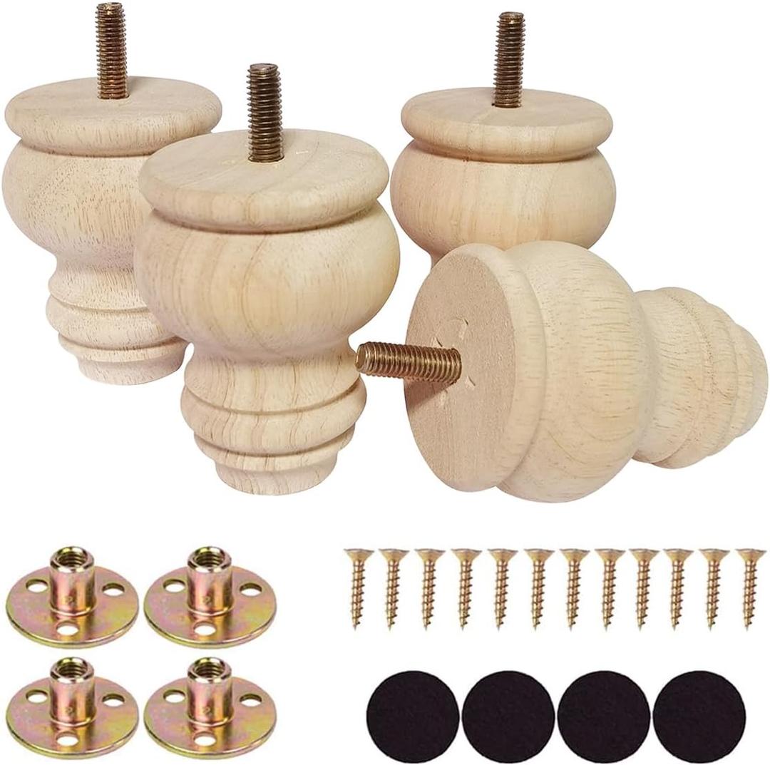 2 3 4 Inch Wooden Furniture Legs, Solid Wood Unpainted Replacement Furniture Legs, Ottoman/Loveseat Replacement Legs, Cabinet Legs/Desk/Sofa/Bookcase Round Bun Feet Set of 4 (3 Inch)