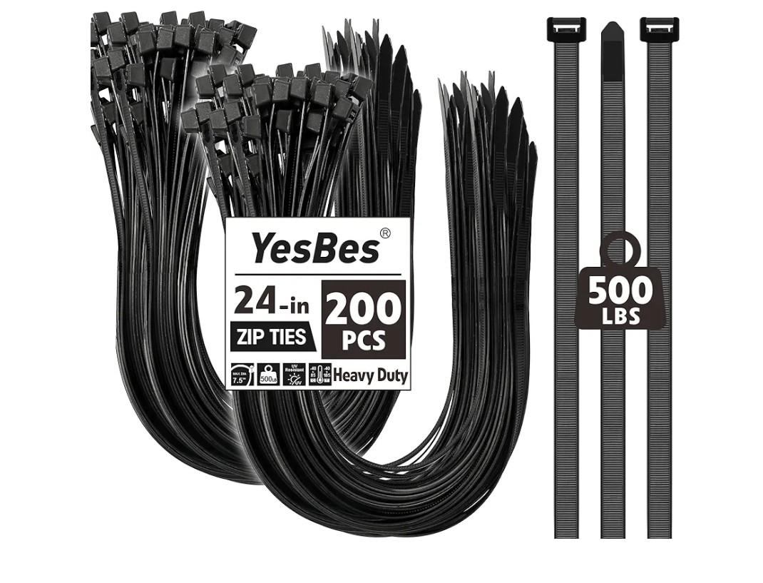 200 PCS Zip Ties 24 Inch Heavy Duty, Large Cable Ties 500lbs Tensile Strength, Black Zip Ties for Indoor and Outdoor Use, UV Resistant Wire Ties