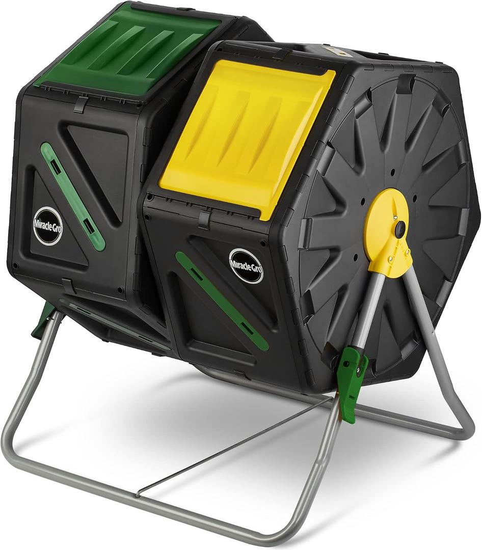 Miracle-Gro Dual Chamber Compost Tumbler Easy-Turn, Heavy-Duty Outdoor Bin Composter with 2 Sliding Doors (2x18.5 Gal/70L