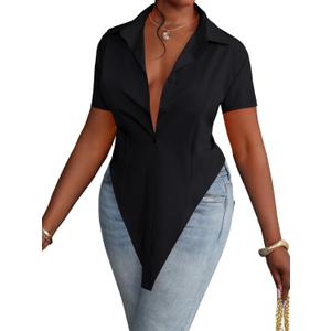 LYANER Women's Button Down Collar V Neck Open Front Short Sleeve Slit Hem Long Shirt Blouse Tops