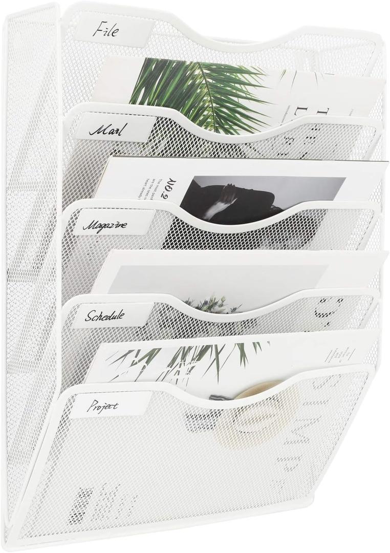 EasyPAG 5 Pocket Mesh Wall File Organizer, Hanging Paper Folder Holder with Classify Label, Vertical Wall Mount Mail Organizer for Office Home Classroom, White