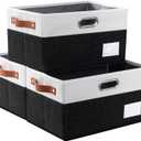 PRANDOM Larger Foldable Storage Bins with Handles [3-Pack] Fabric Collapsible Storage Boxes Baskets Cubes Containers with Handles for Closet Living Room Bedroom (Black & White 17.3x12.2x10.4')