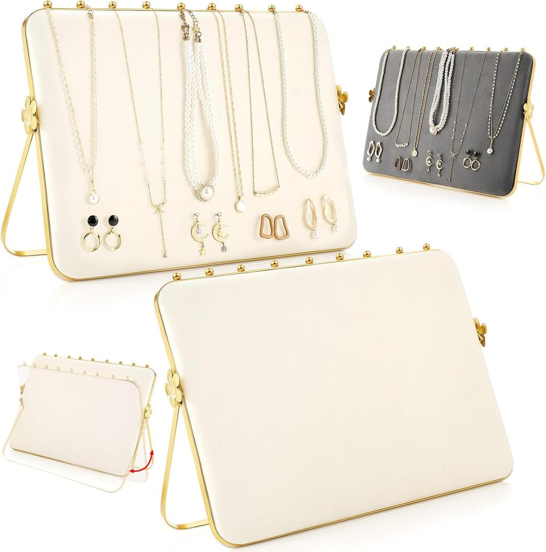 2 Pack Necklace Display Stand for Selling Double-sided Velvet Necklace Organizer Large Metal Chain Holder Stand Beige Grey Chain Jewelry Display for Vendor Craft Show Exhibidores