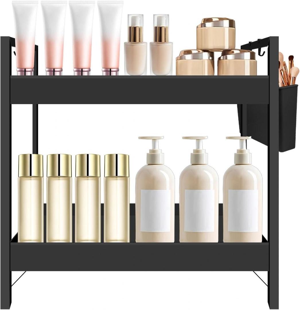 Bathroom Countertop Organizer with Basket & Hooks, 2 Tier Bathroom Organizers and Storage for Perfume, Cologne, Spice, Black Vanity Organizer for Kitchen, Office and Under Sinks (11.6" x 6.7" x 11.8")