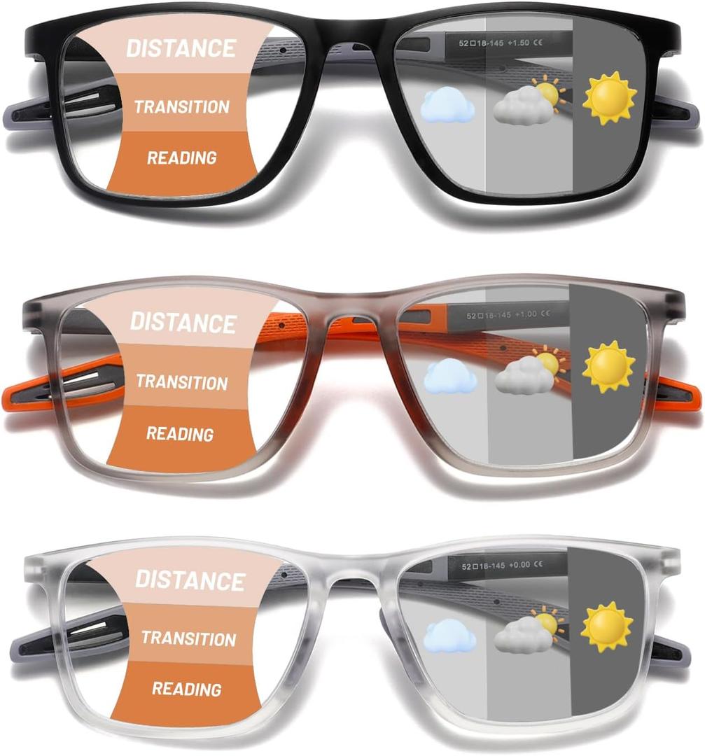 Hubeye Photochromic Progressive Reading Glasses for Men and Women Ultralight Flexible Anti-Blue Light Readers (Clear+Black+Orange, +2.25)