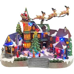 MOMENTS IN TIME Christmas Village Centerpiece Decor Santa Riding Sleigh Flying Over The Town Center Featuring LED Lights and Animation Power Adapter (Included) (11647)