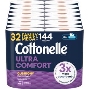 Cottonelle Ultra Comfort Toilet Paper with Cushiony CleaningRipples Texture, 32 Family Mega Rolls = 144 Regular Rolls (8 Packs of 4)
