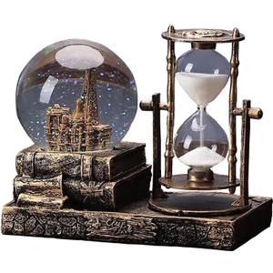 LED Music Snow Globe with Hourglass Vintage Castle Paris Eiffel Tower Home Decoration for Living Room Bedroom Book Shelf TV Cabinet Desk Table Top Decor Centerpieces Ornaments (A - Brass)