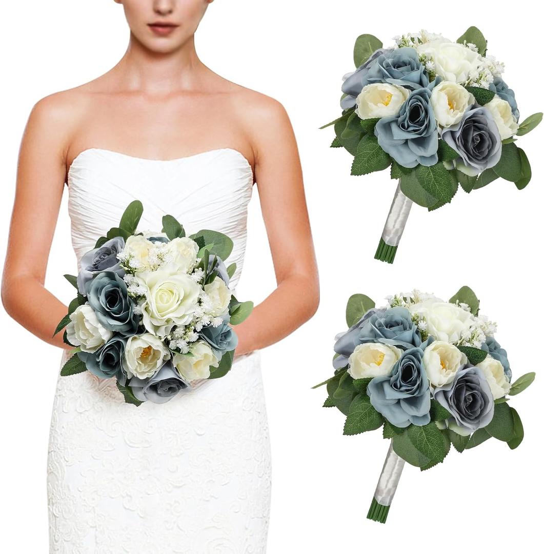 Set of 2 Bridesmaid Bouquets, 11 Inch Wedding Bouquets for Bridesmaids Artificial Flower Bouquets for Wedding Ceremony Bridal Shower Decorations - Dusty Blue & White