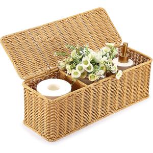 Sumnacon Wicker Storage Basket with Lid, Rectangular Narrow Baskets for Bathroom, Farmhouse Imitation Rattan Bin with Dividers, Decorative Handwoven Tray Organizer for Countertop Shelves Toilet Tank (Large, Yellow)